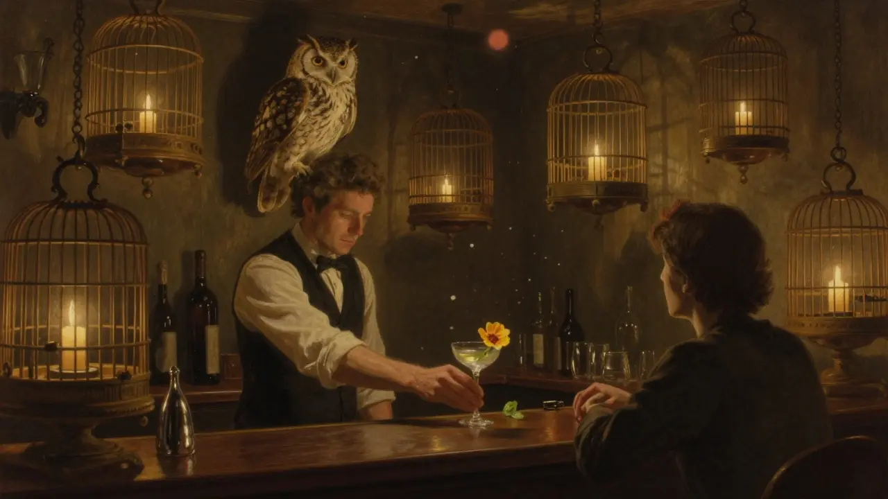 An intimate bar with antique birdcages and a taxidermied owl, lit by warm candlelight and soft glow.