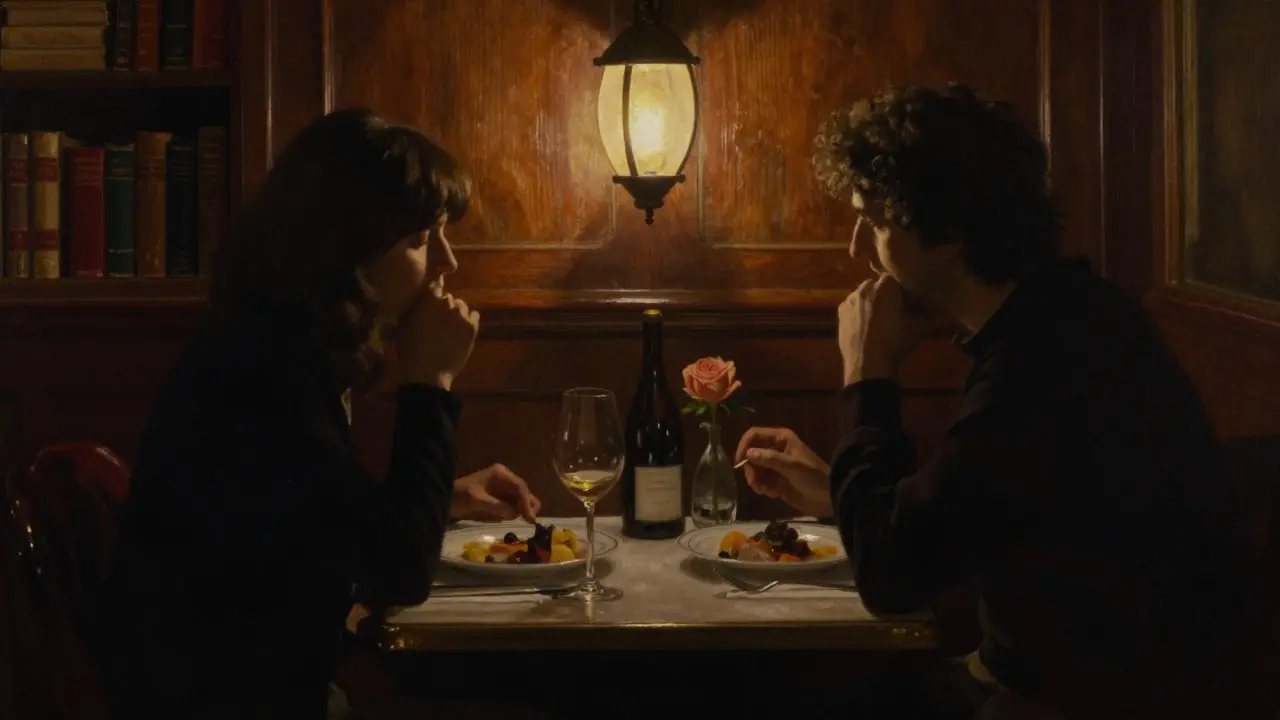 An intimate dinner in a hidden Paris bistro, softly lit by candlelight.