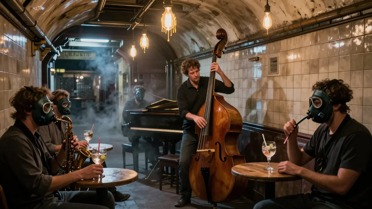 An underground jazz lounge in a former Tube station with guests drinking from gas masks.