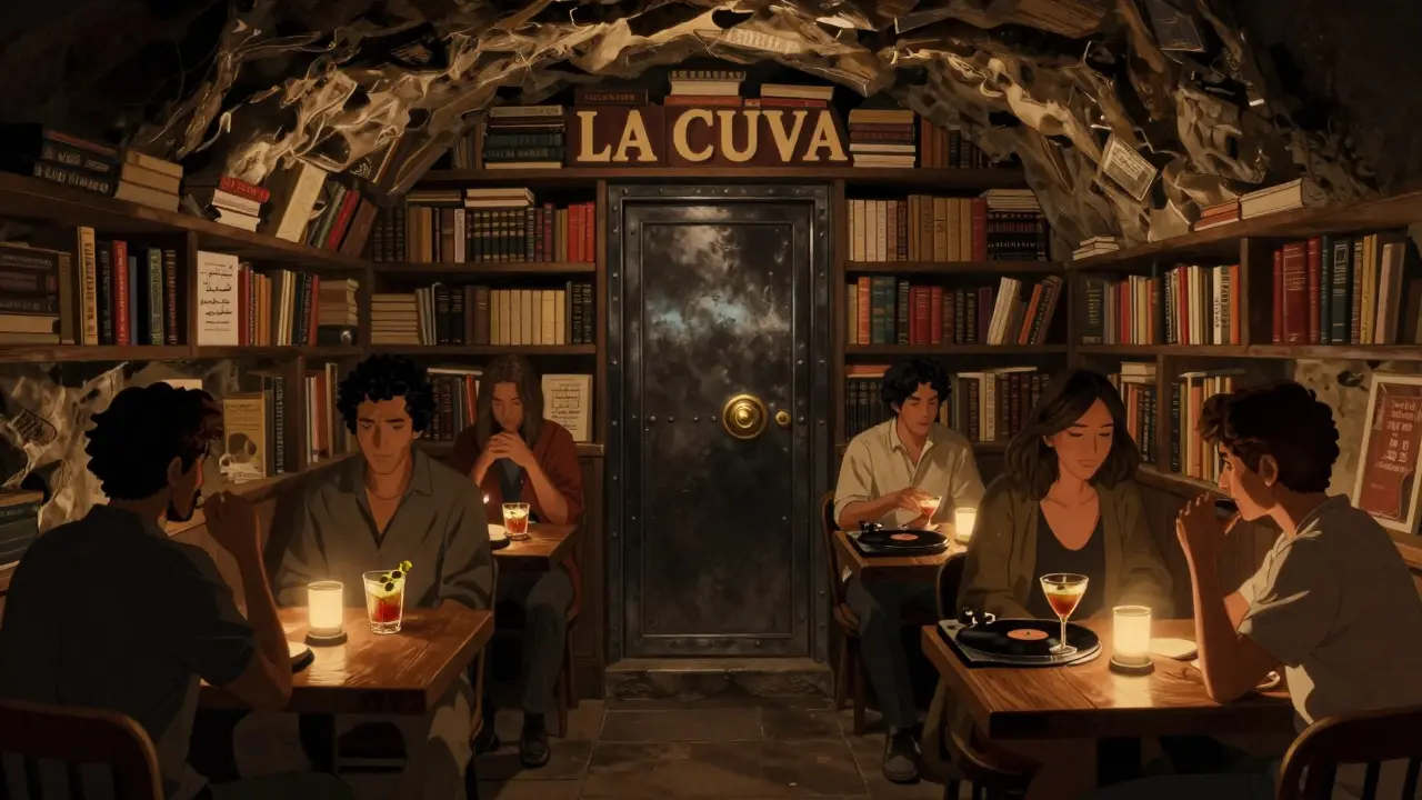 An underground lounge lined with books, lit by warm vinyl glow, where patrons enjoy regional cocktails in quiet intimacy.