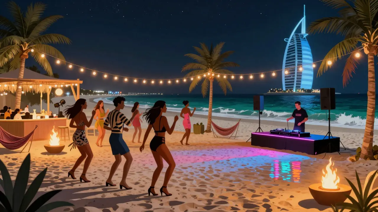 Beach party at night with sand, string lights, and guests dancing near ocean waves.