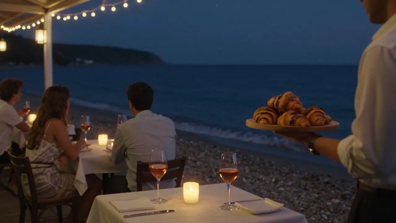 Beachside terrace at night with candlelit tables, waves gently breaking, and string lights overhead.