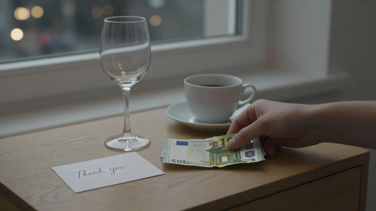 Cash and a thank-you note left on a nightstand with a coffee cup and wine glass, Berlin lights visible through the window.