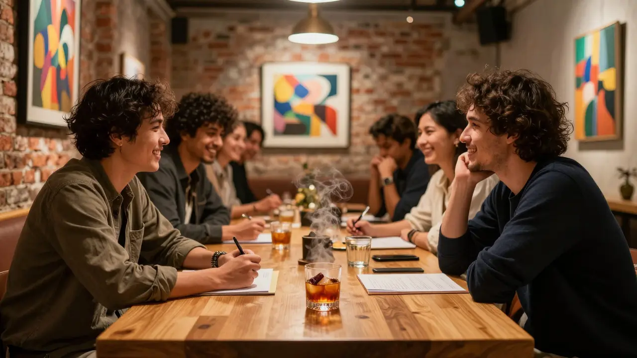 Communal lounge with art-filled walls, creatives sharing drinks and laughter at wooden tables under warm lights.