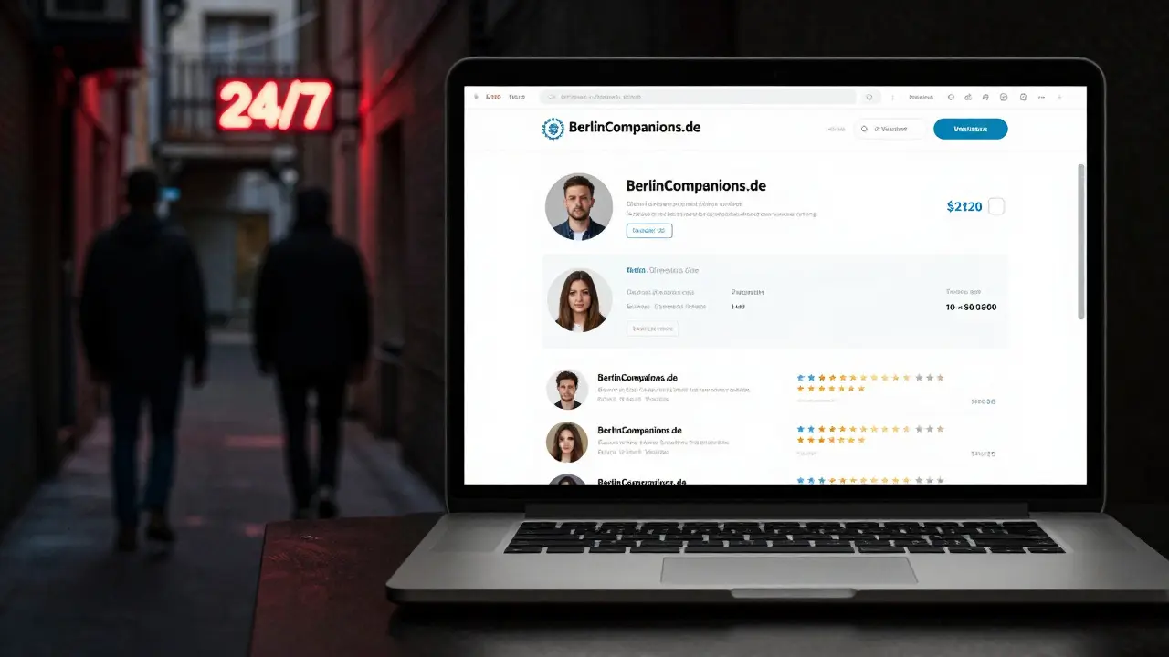 Contrasting scenes: a shady alley versus a verified escort website with transparent details.