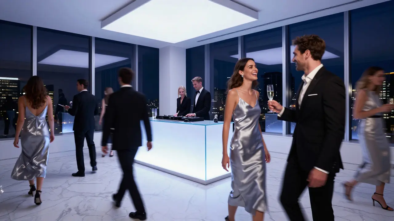 Corso Como 10 nightclub with fashionable crowd under glowing geometric lights, city reflections visible.