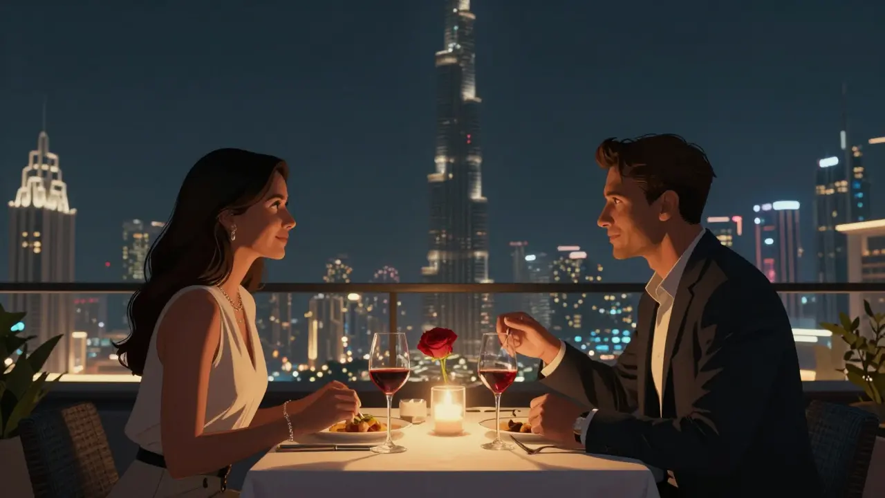 Couples dining on a rooftop terrace with the Burj Khalifa glowing in the distance.