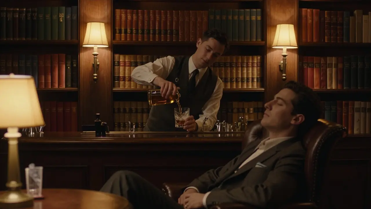 Cozy library bar with bookshelves and a bartender pouring whiskey in warm, dim lighting.