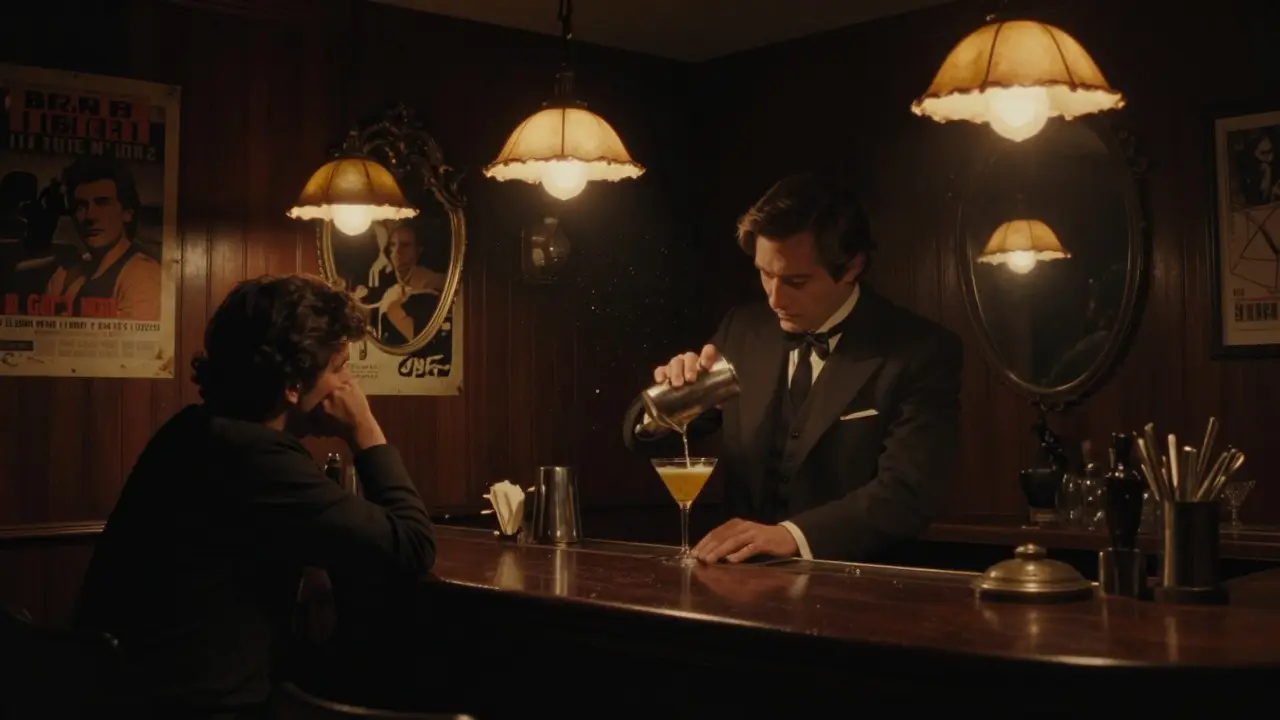 Dimly lit Brera bar with bartender making a cocktail, warm vintage lighting and no signage.