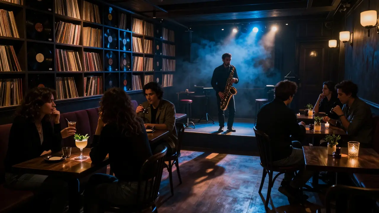 Dimly lit jazz bar interior with vinyl records and a saxophonist performing under soft amber light.