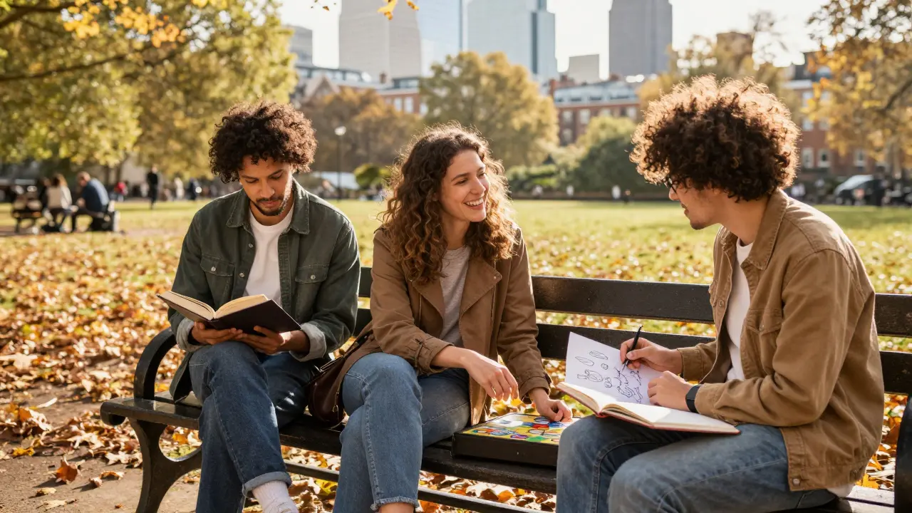 Diverse people enjoying quiet, genuine connection in a sunny London park with books and games.