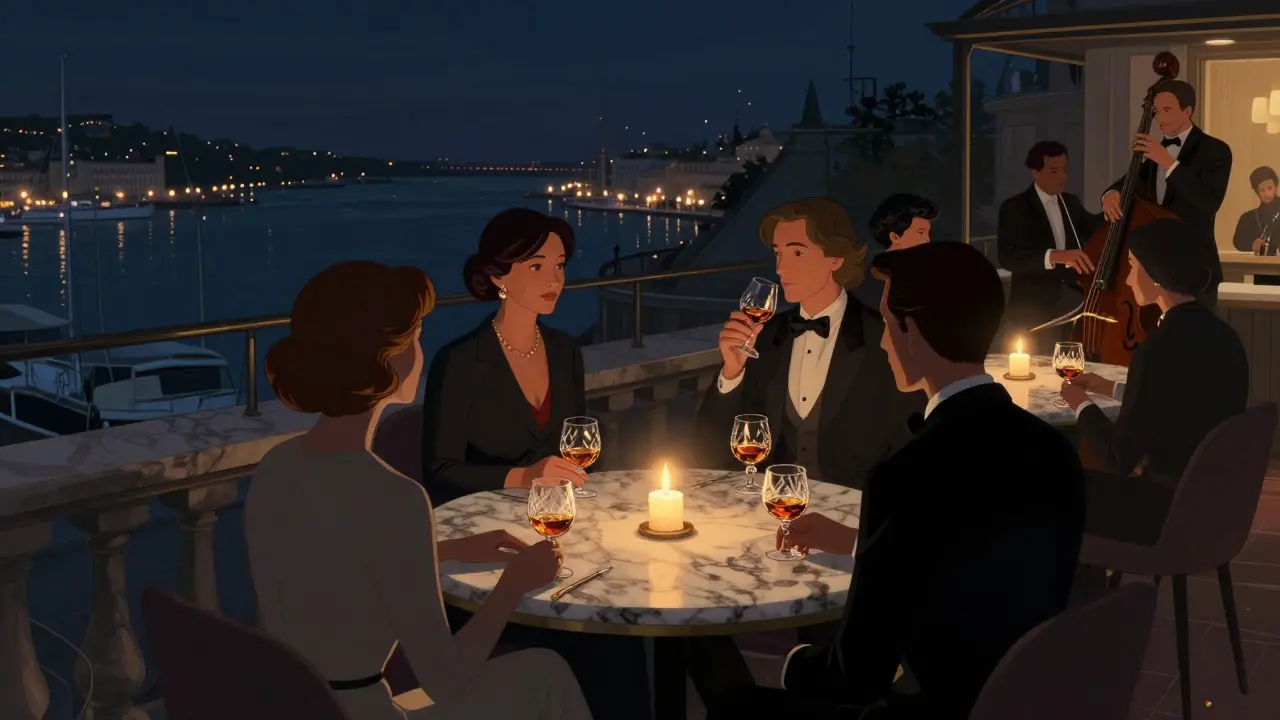 Elegant guests on a rooftop terrace at night overlooking Monaco's sparkling harbor, sipping cognac under soft candlelight.