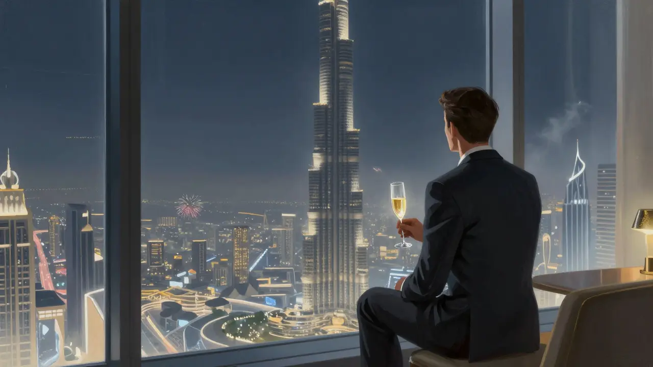 Elegant lounge high in Burj Khalifa with panoramic city lights and a solitary figure.