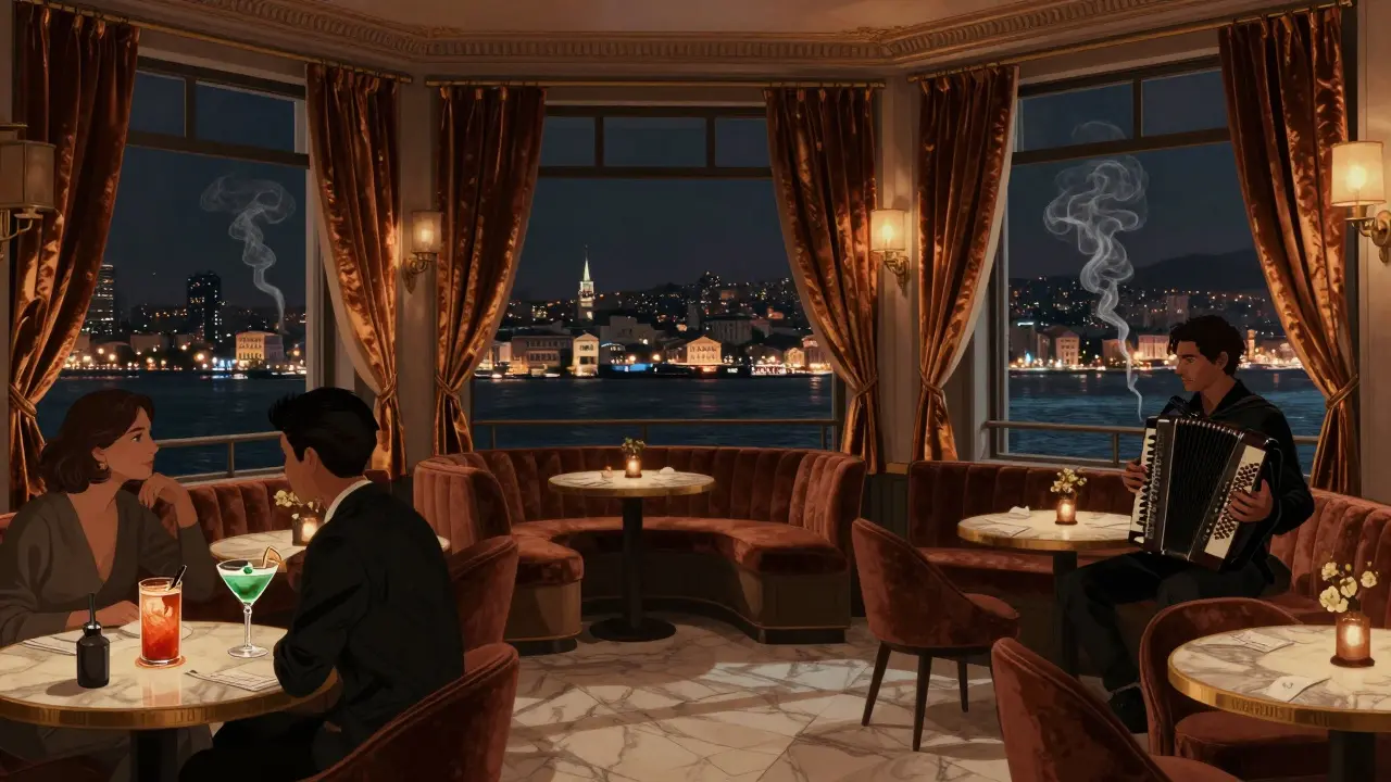 Elegant rooftop bar with velvet curtains and city lights glowing across the Golden Horn.