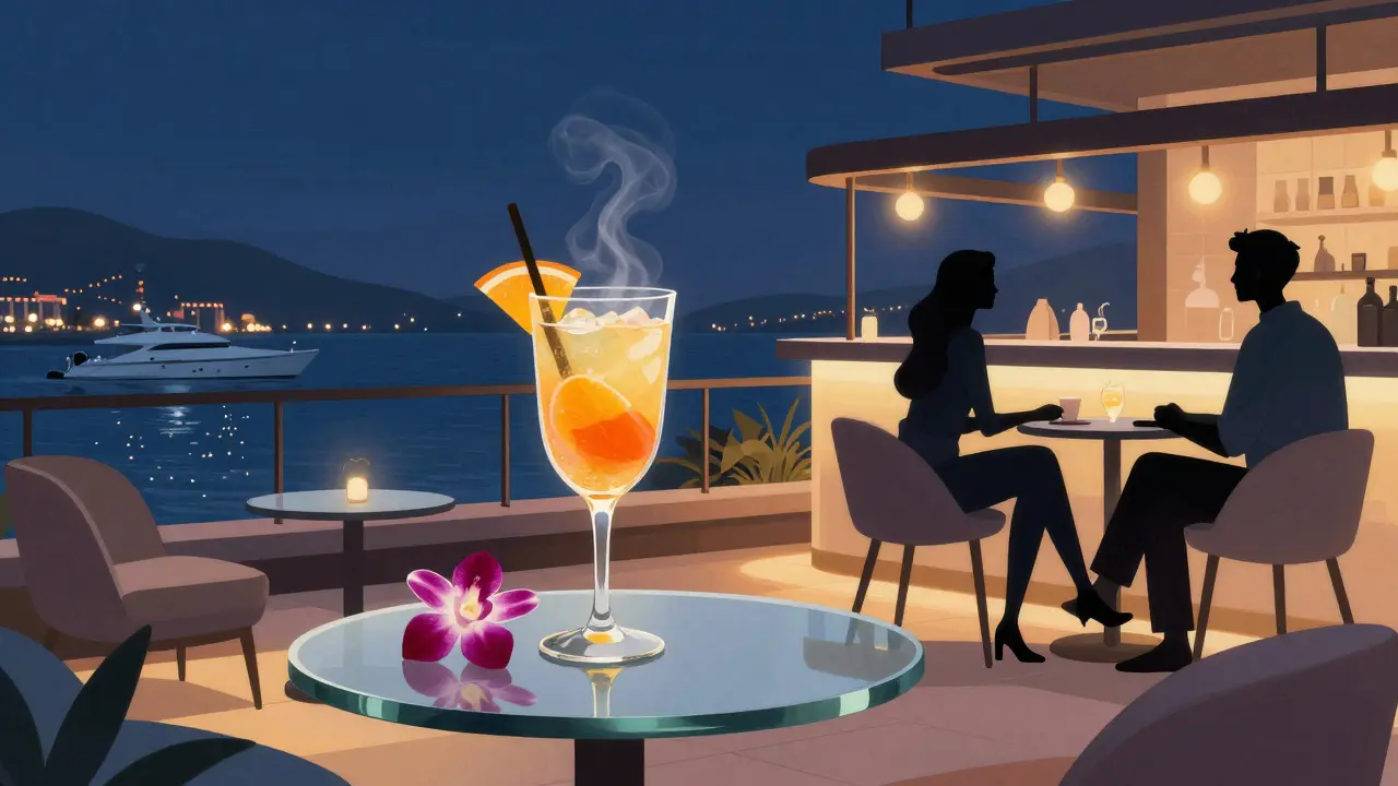 Exclusive rooftop bar Blue Bay with minimalist lounge chairs, a glowing cocktail, and harbor lights below.