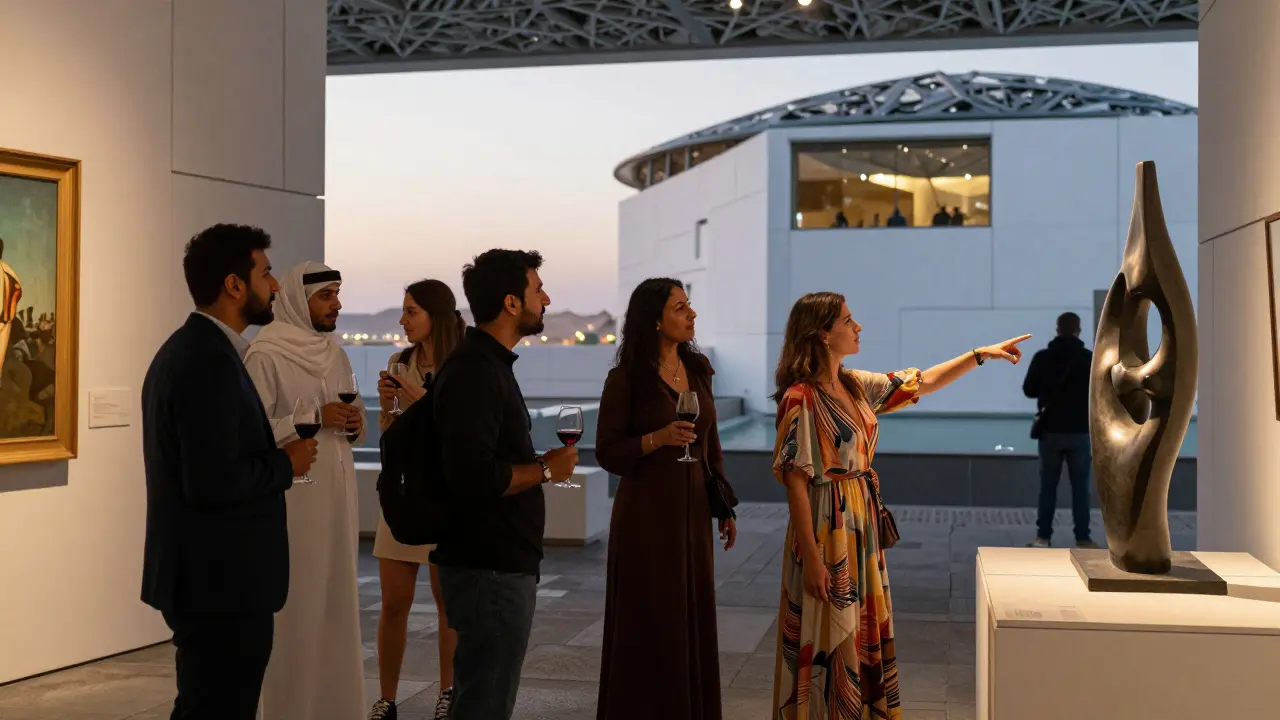 Expats and locals socializing at Louvre Abu Dhabi during an evening event, engaging with art under soft gallery lights.
