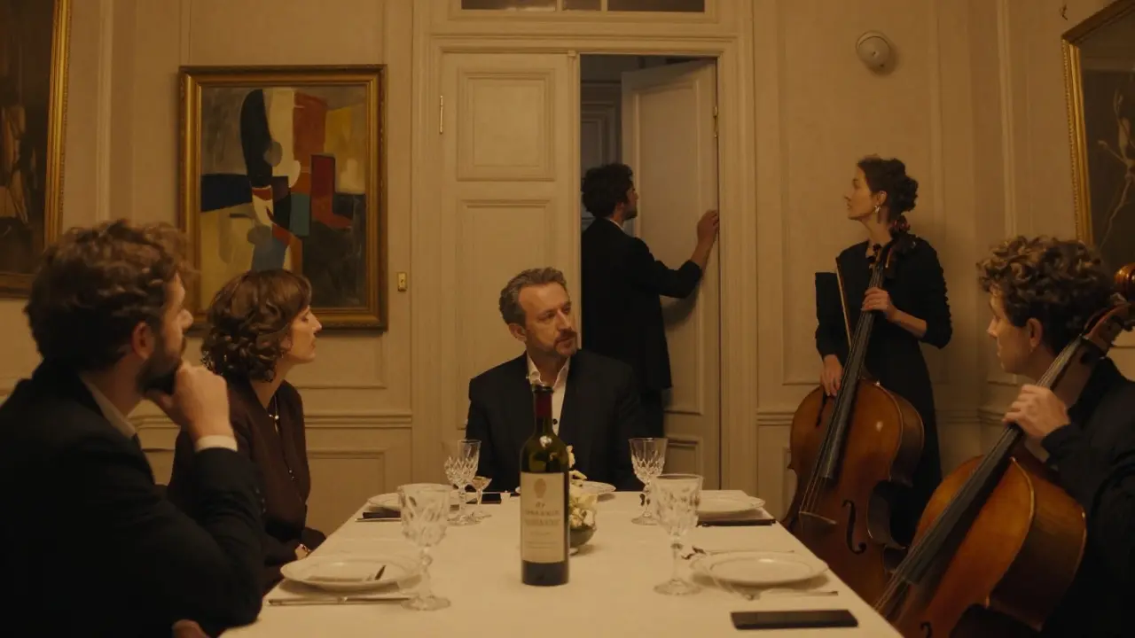 Guests admire a painting in a dimly lit salon, surrounded by wine glasses and elegant decor, no phones in sight.