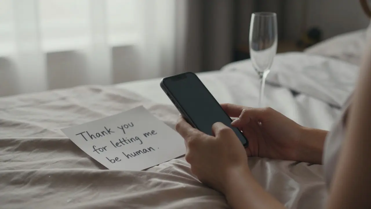 Hands holding a handwritten note and burner phone on a silk bedsheet in a high-end suite.