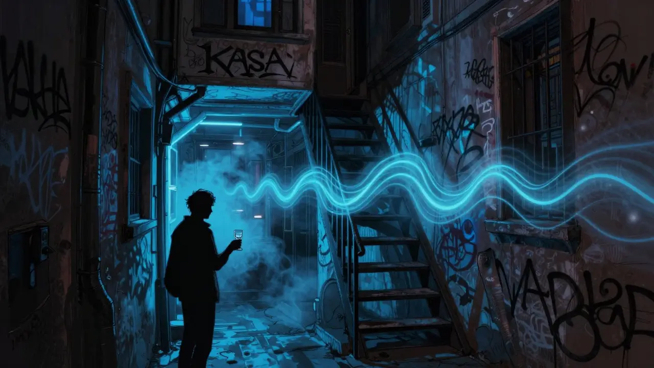 Hidden entrance to Kasa nightclub with flickering blue neon light on a metal staircase in a gritty urban alley.