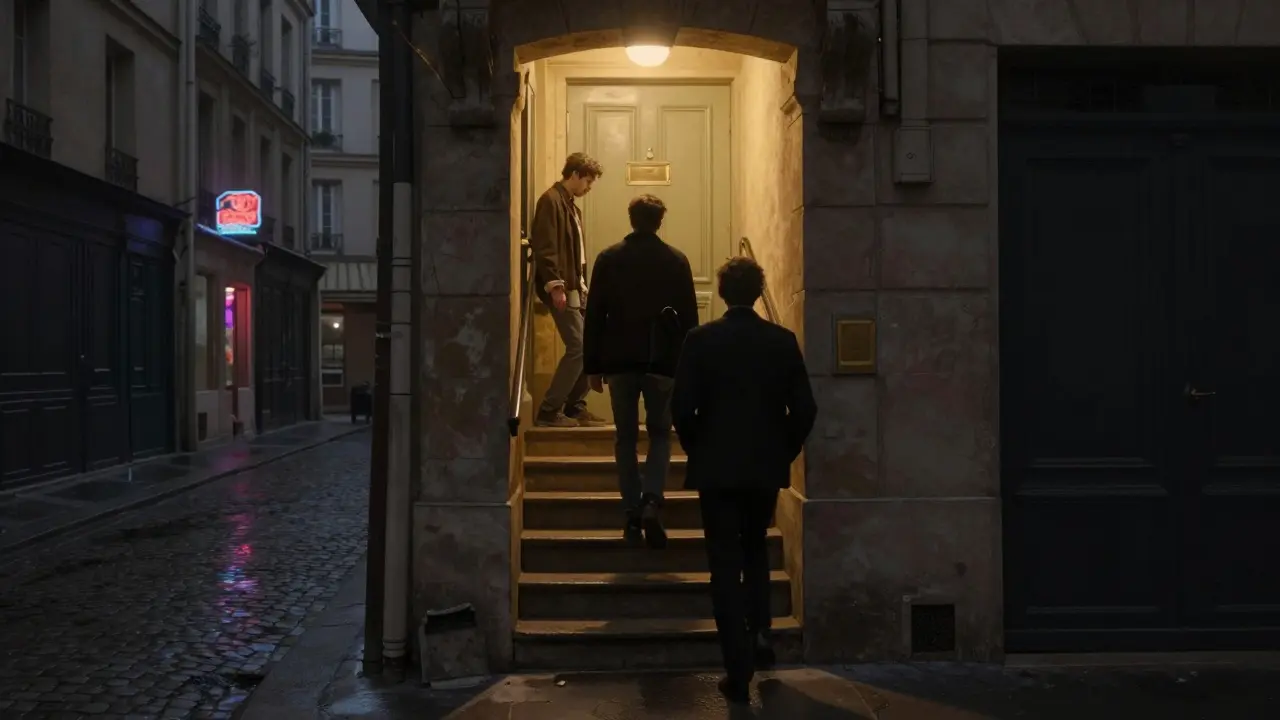 Hidden staircase leading to an exclusive Parisian lounge, bathed in golden light and quiet mystery.