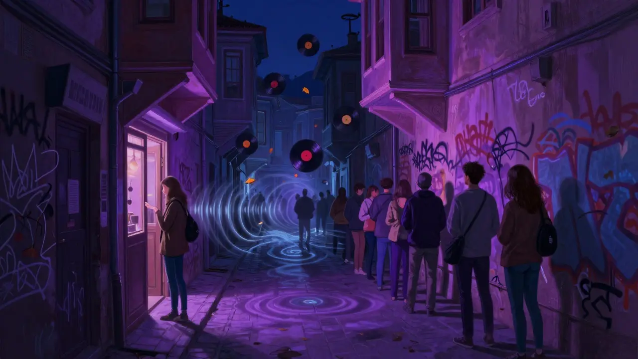 Hidden underground club entrance in Karaköy with people waiting and bass waves in the air.