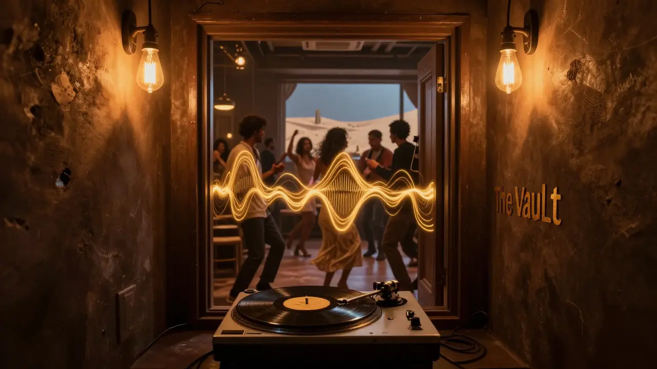 Hidden underground jazz club with vinyl records playing, warm lights, and subtle sound waves floating in the air.