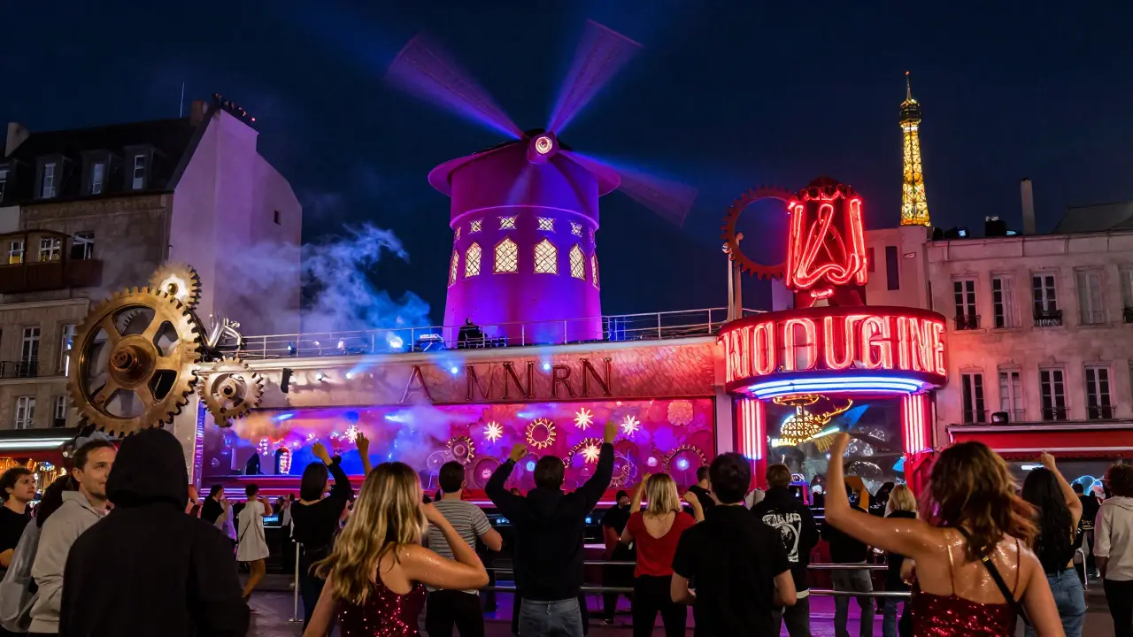 Industrial underground club with mechanical sculptures and dancing crowd under flashing neon lights.