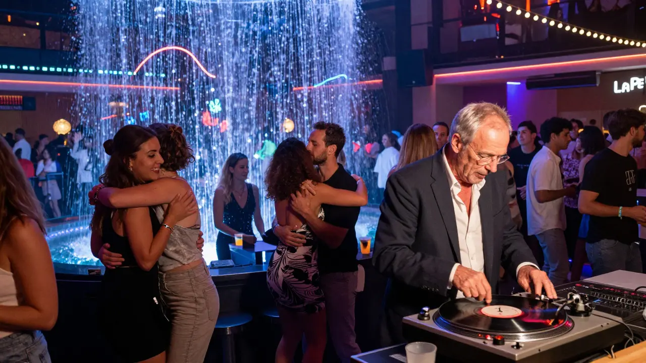La Perle club with LED waterfall, people dancing on tables, and a DJ spinning rare vinyl under neon lights.