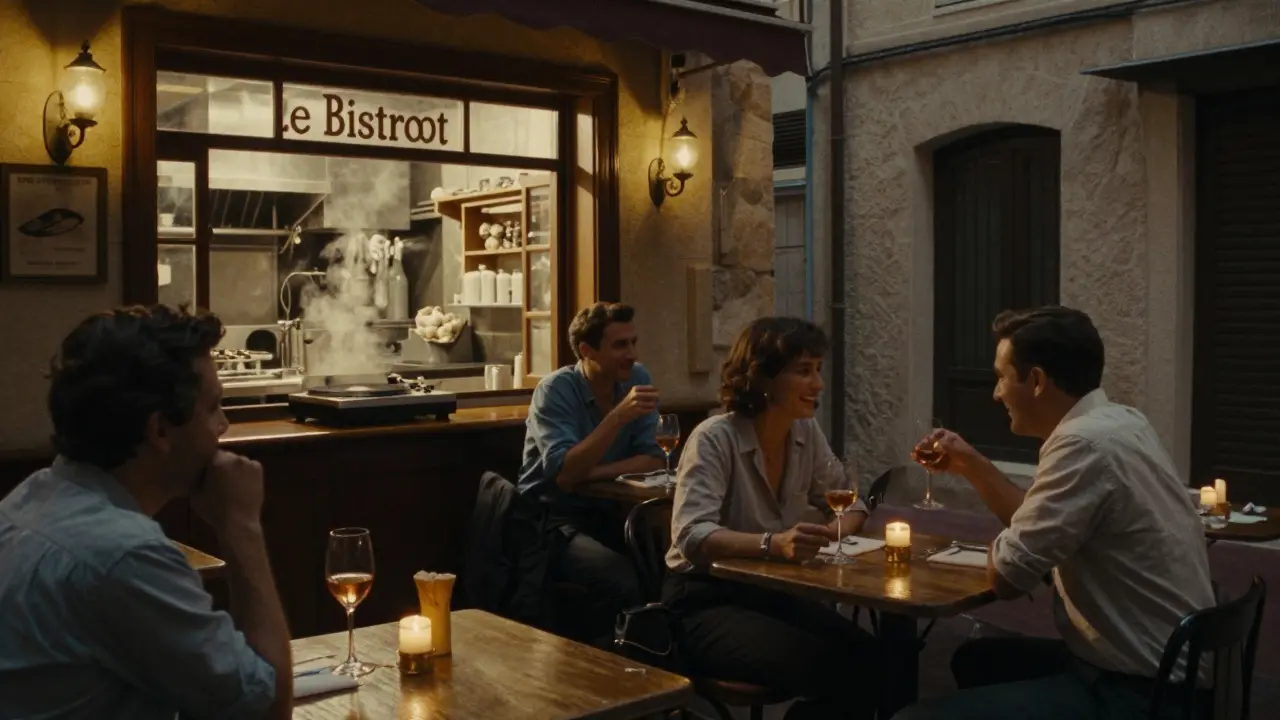 Locals enjoying rosé and jazz in a cozy, unmarked old-town bar with warm candlelight and wooden tables.