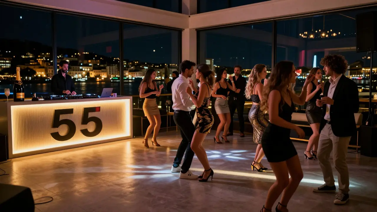 Modern nightclub with a stylish crowd dancing near a DJ booth and champagne magnum on display.