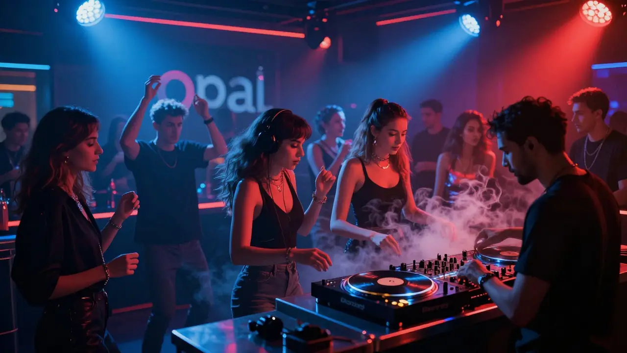 Nightclub interior with pulsing neon lights and a diverse crowd dancing to deep house music under dramatic lighting.