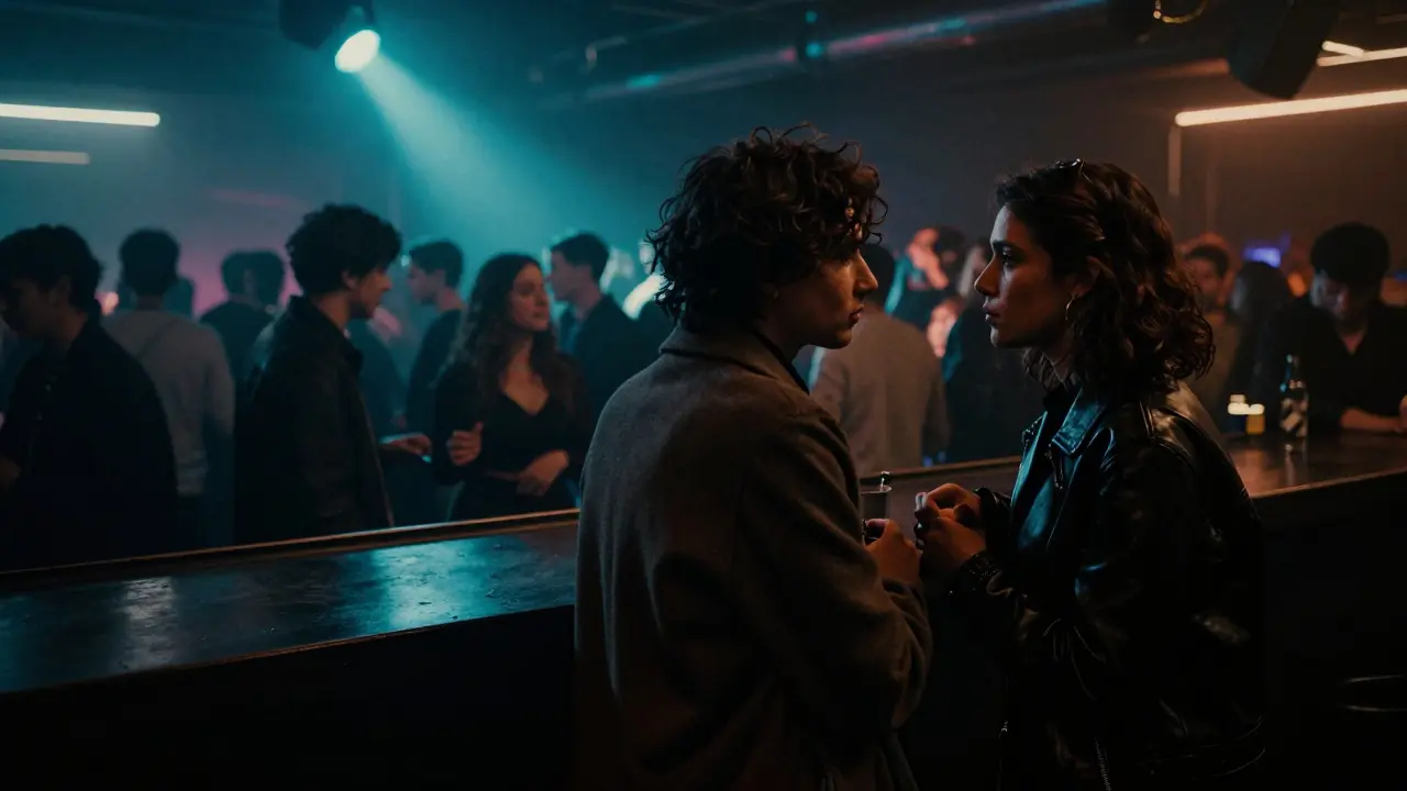 People dancing in a Berlin techno club under neon lights, two figures sharing a quiet moment near the bar.