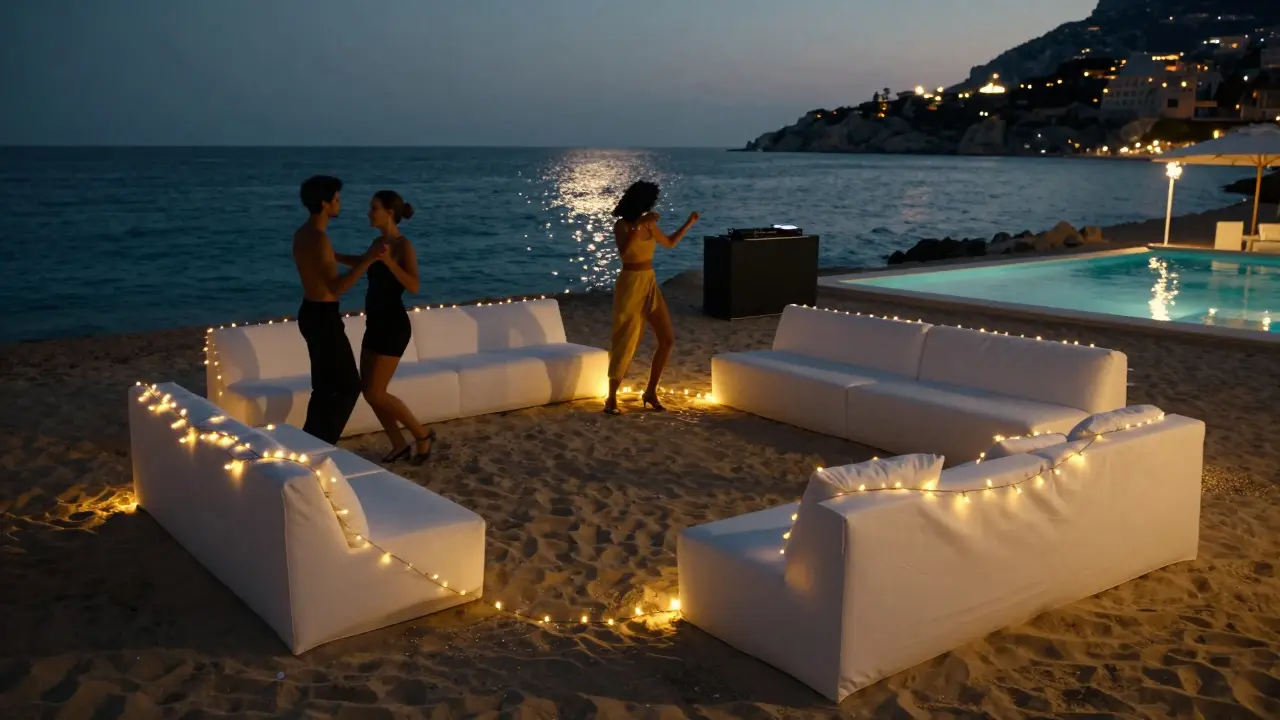 People dancing on a beach club's white sofas under golden lights with the Mediterranean sea in the background.