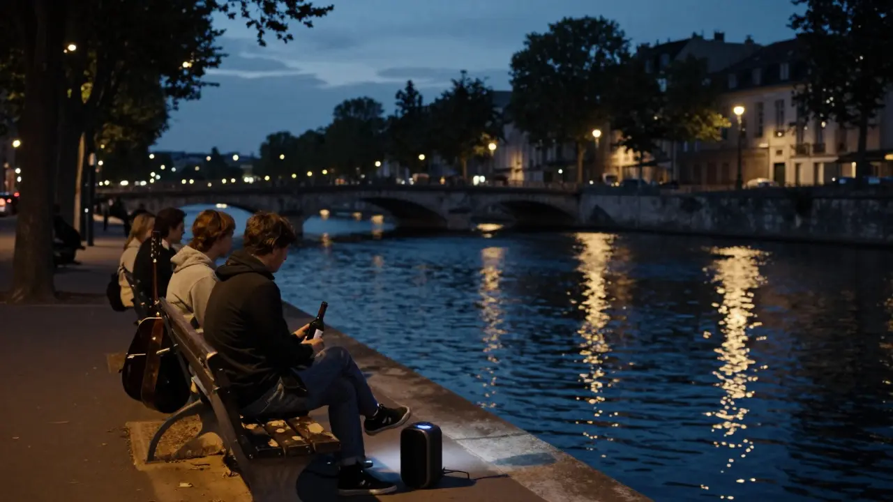 People sitting by Canal Saint-Martin at night, sharing wine and music under a quiet bridge under starlit sky.