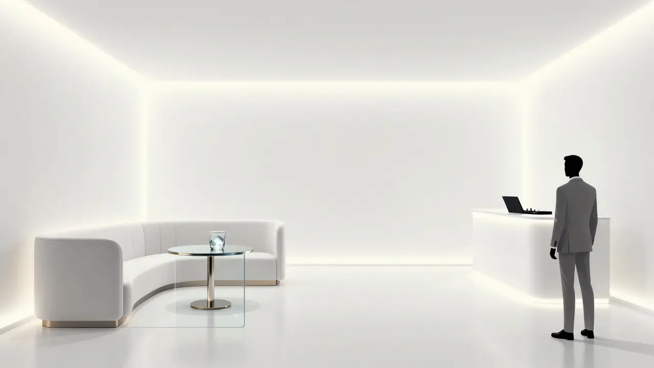 Pristine white nightclub with minimalist design and a solitary guest near a glass VIP booth.