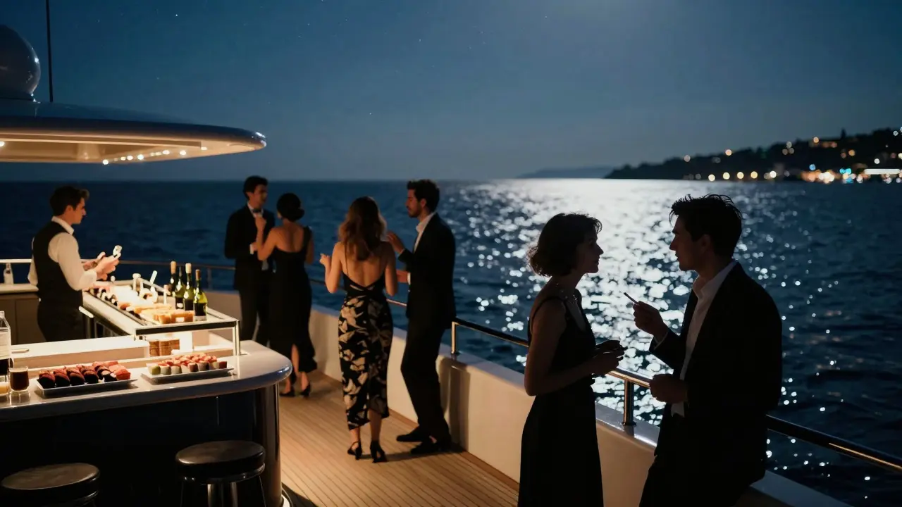 Private yacht party at night under stars, guests dancing on deck with sea reflecting lights and a glowing cigarette.