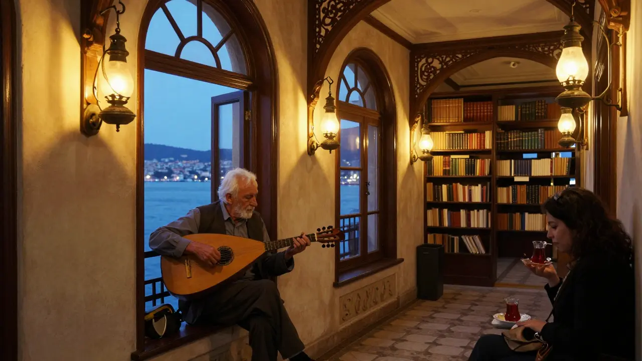 Quiet arcade at night with an oud player and woman drinking tea, lit by oil lamps beside the Golden Horn.