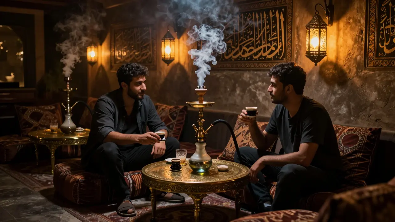 Quiet shisha lounge at night with smoke curling in lantern-lit ambiance and Arabic decor.