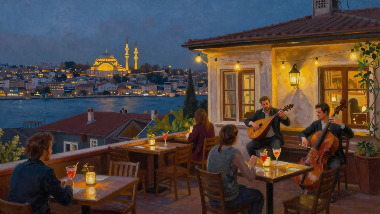 Rooftop bar at Leb-i Derya with guests enjoying cocktails under string lights, overlooking Istanbul’s lit minarets and skyline.