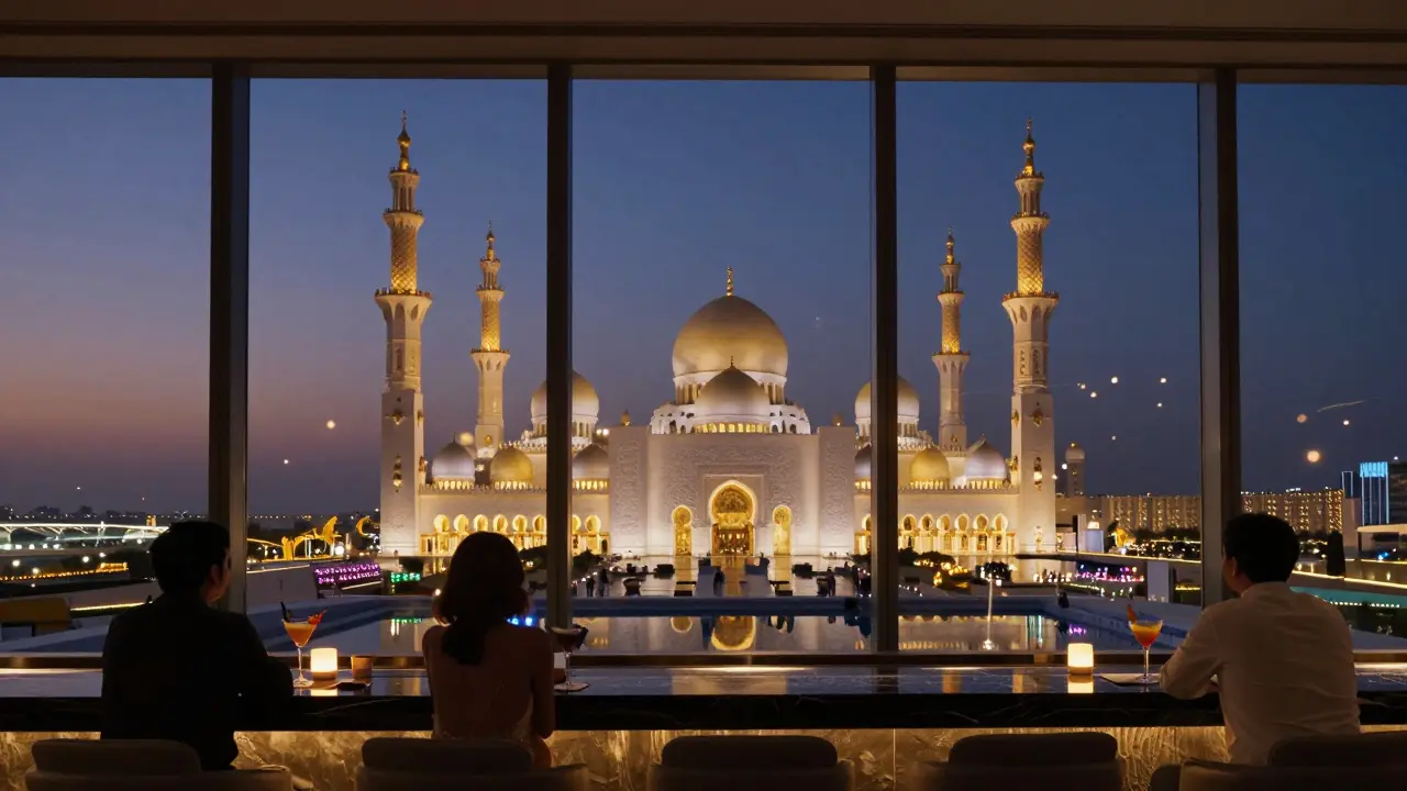 Rooftop view of Abu Dhabi's skyline at dusk from 360 Lounge, with the golden mosque glowing in the distance.