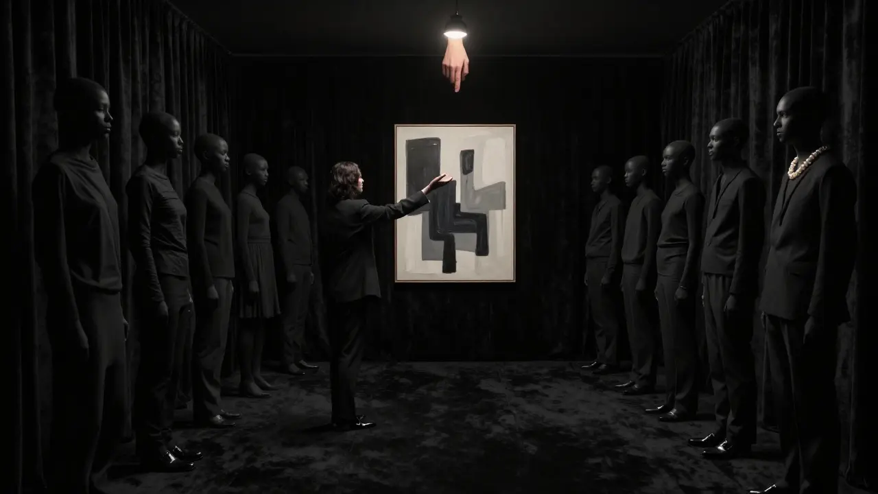 Silent figures in black velvet room, one hand hovering near an abstract painting.