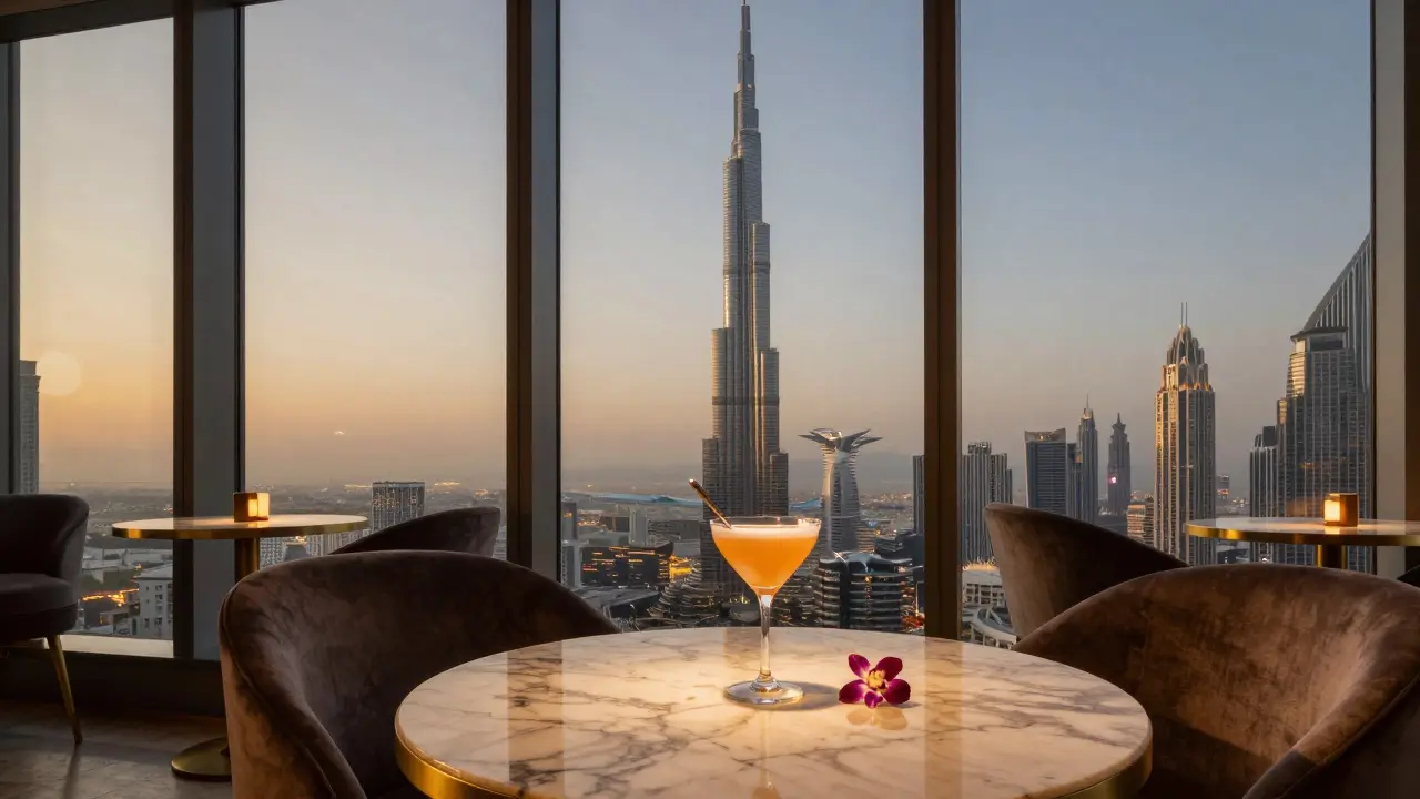 Sky-high lounge with Burj Khalifa view and a cocktail being stirred beside an edible orchid.
