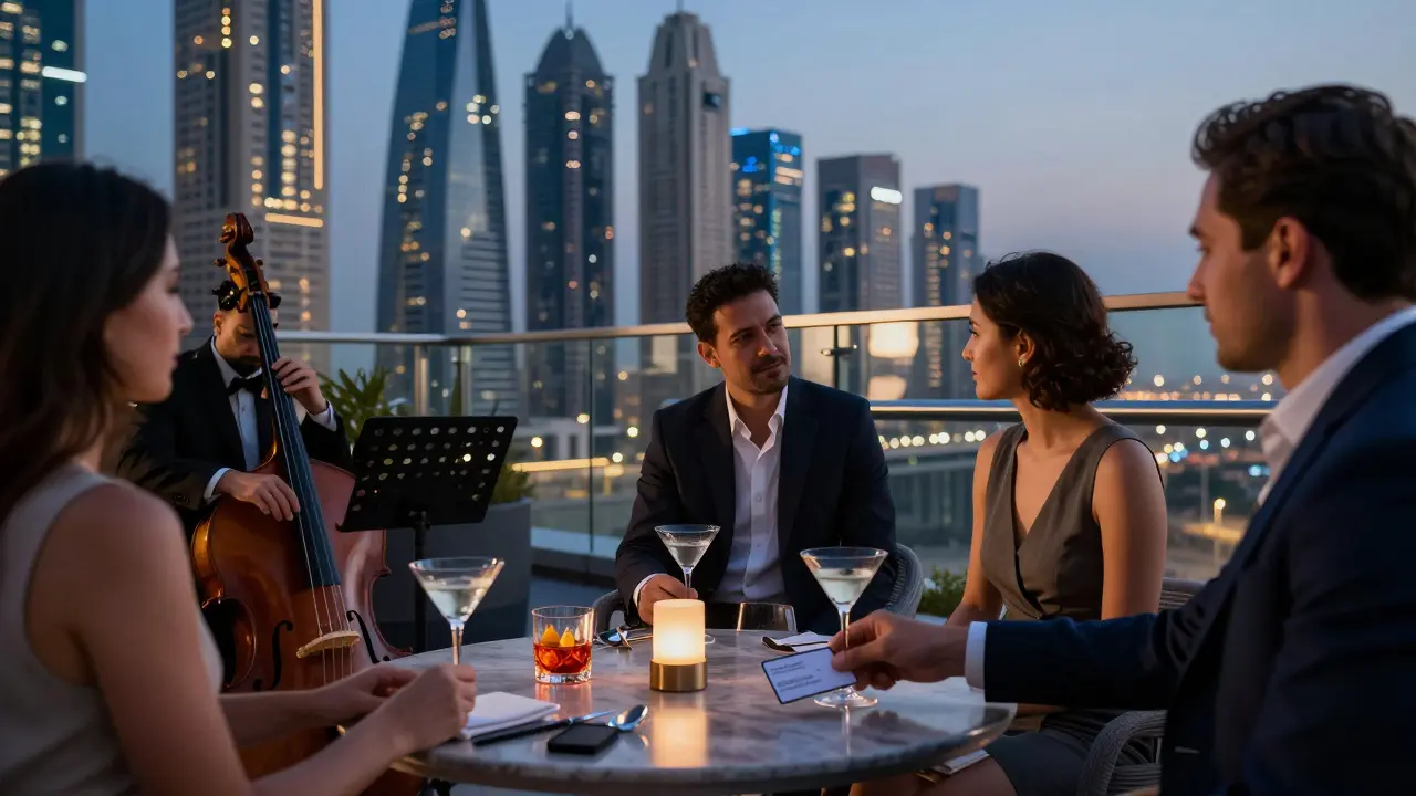 Sophisticated rooftop terrace at dusk, business professionals sipping martinis with DIFC skyline glowing softly behind them.