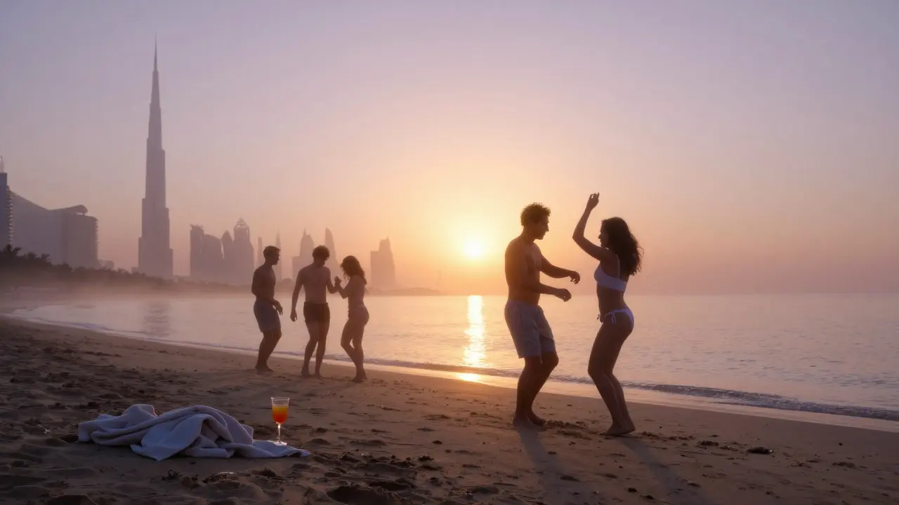 Sunrise at Cielo Beach with dancers silhouetted against golden light and empty cocktails nearby.