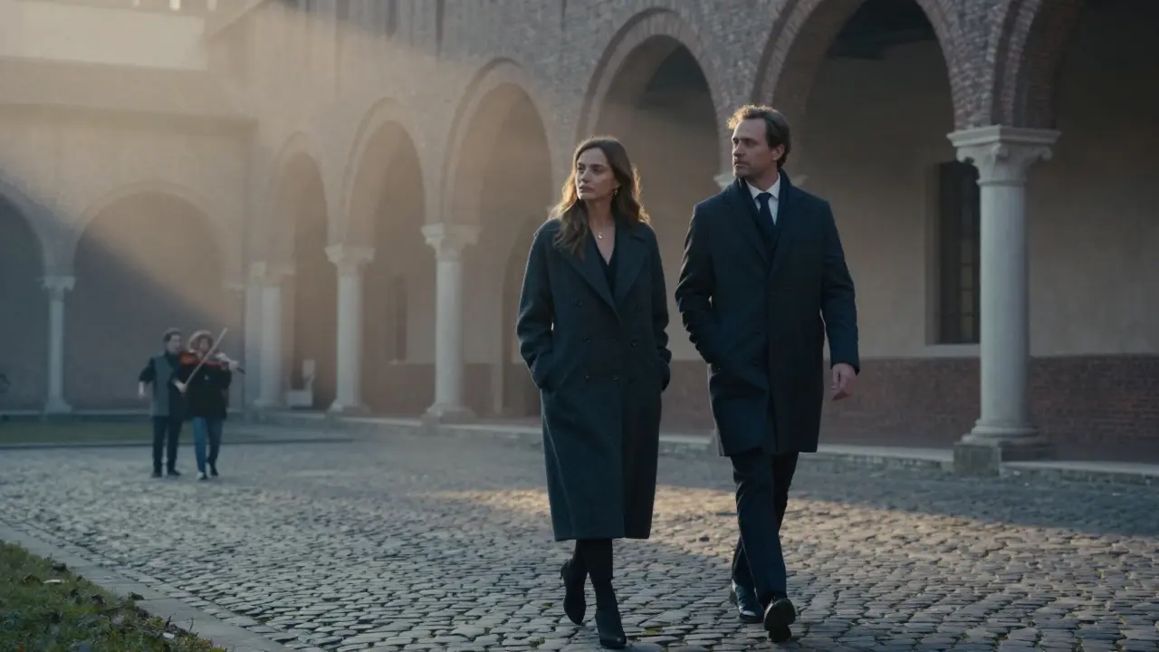 Two individuals walking peacefully through the misty courtyards of Sforza Castle at sunrise, accompanied by distant violin music.