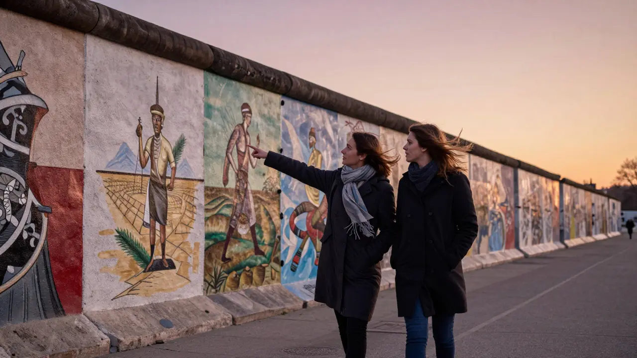 Two people walking along the East Side Gallery, admiring colorful murals at sunset.