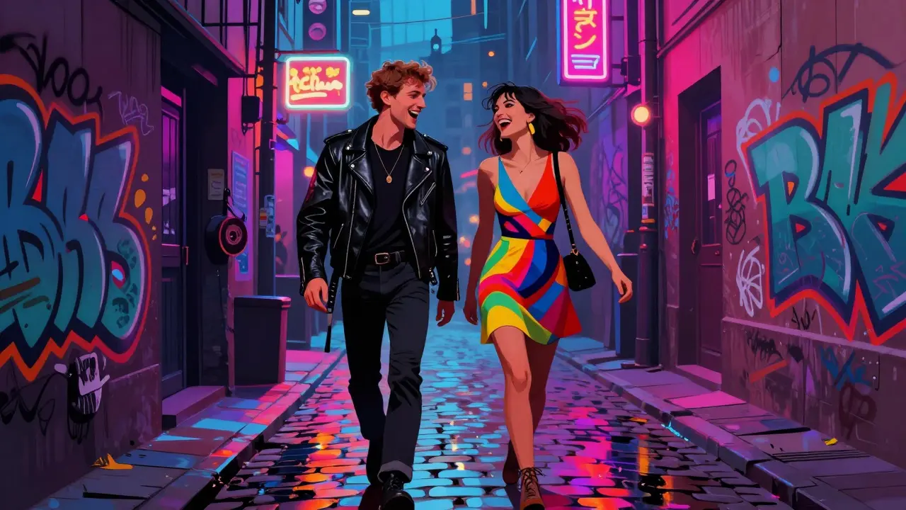 Two people walking through neon-lit Berlin alleyways during nightlife, full of energy and color.