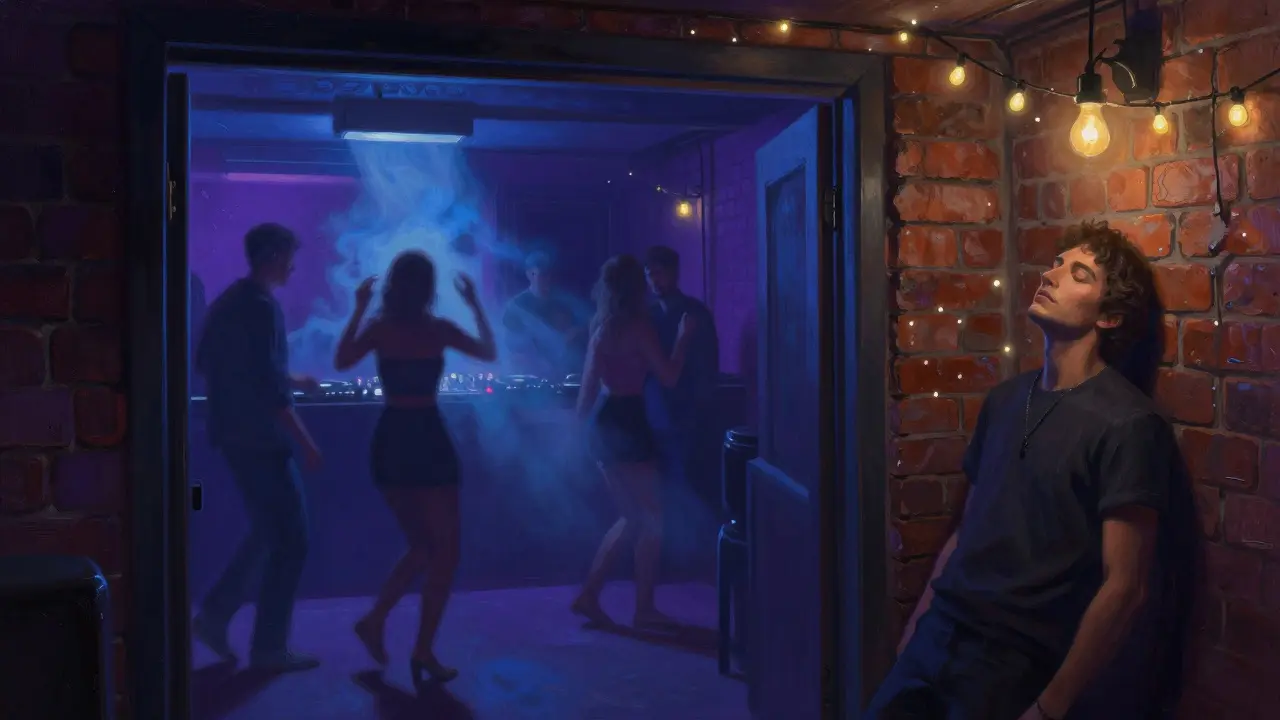 Underground basement club with dancers lost in music, bathed in smoke and dim pulsing lights.