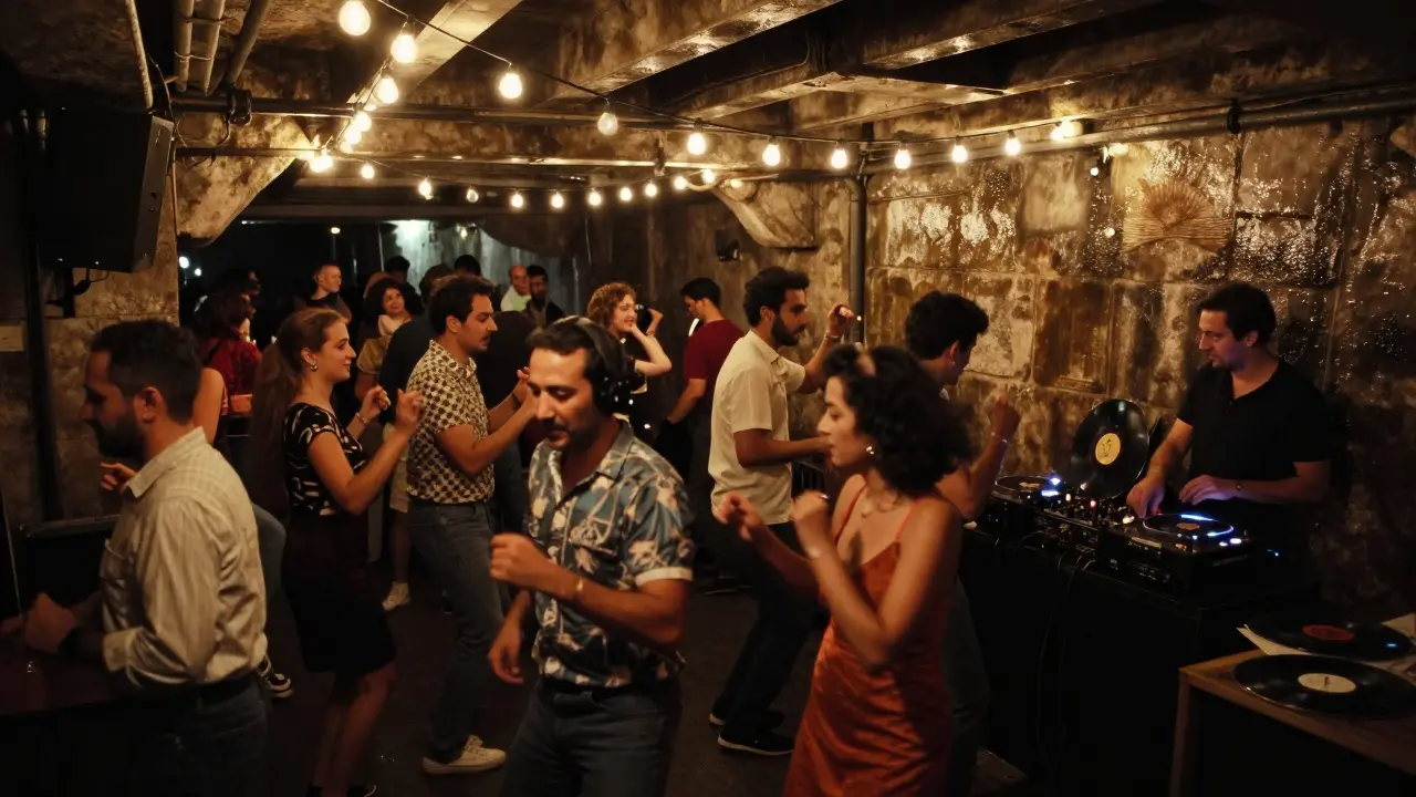 Underground club beneath a bridge with string lights and locals dancing to Turkish psychedelic rock in dim, humid atmosphere.