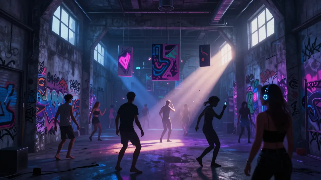 Underground warehouse party in Alserkal Avenue with strobe lights, graffiti walls, and dancers at dawn.
